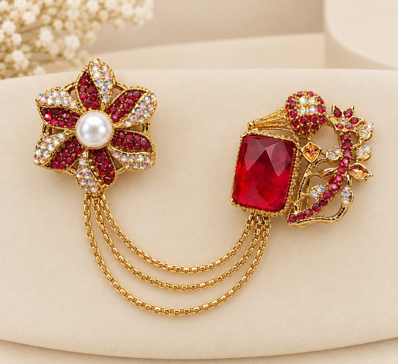 Royal Ruby & Pearl Double Finger Ring with Triple Chain